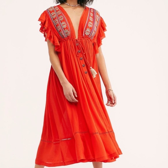 Free People Dresses & Skirts - Free People Bali Will Wait For You Orange Embroidered Dress Small